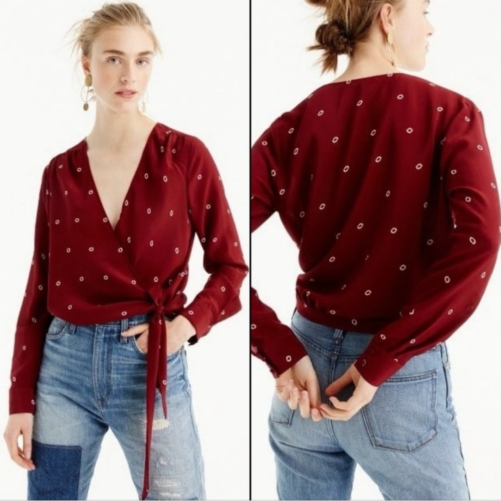 100% Silk J. Crew Deep Red V-Neck Wrap Top with Pattern
